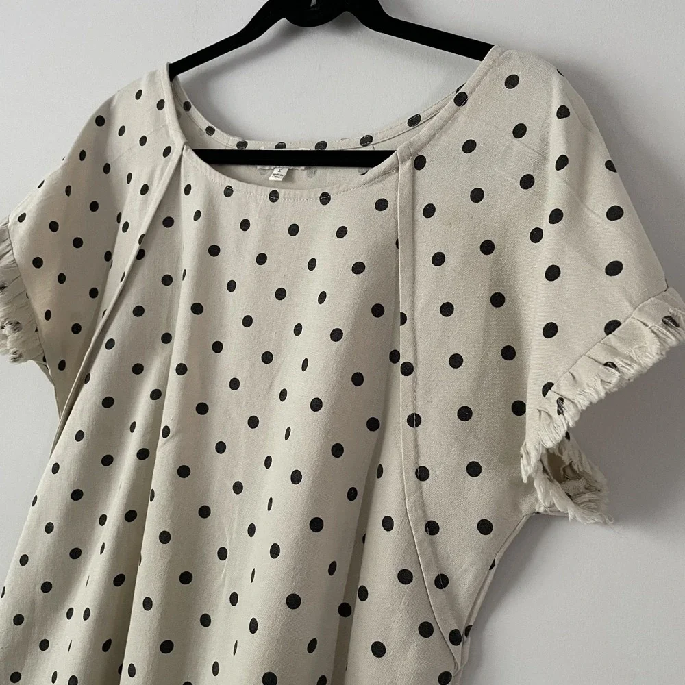 Umgee Linen Cotton Polka Dot Boxy Top Ivory Size S Canvas Fringe Twee Oversized - Picture 5 of 12